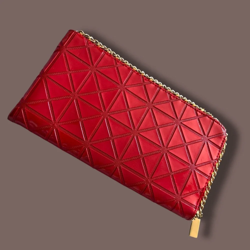 Red Patent Geometric Quilted Zip Around Wallet with Gold‎ Chain Trim Detail